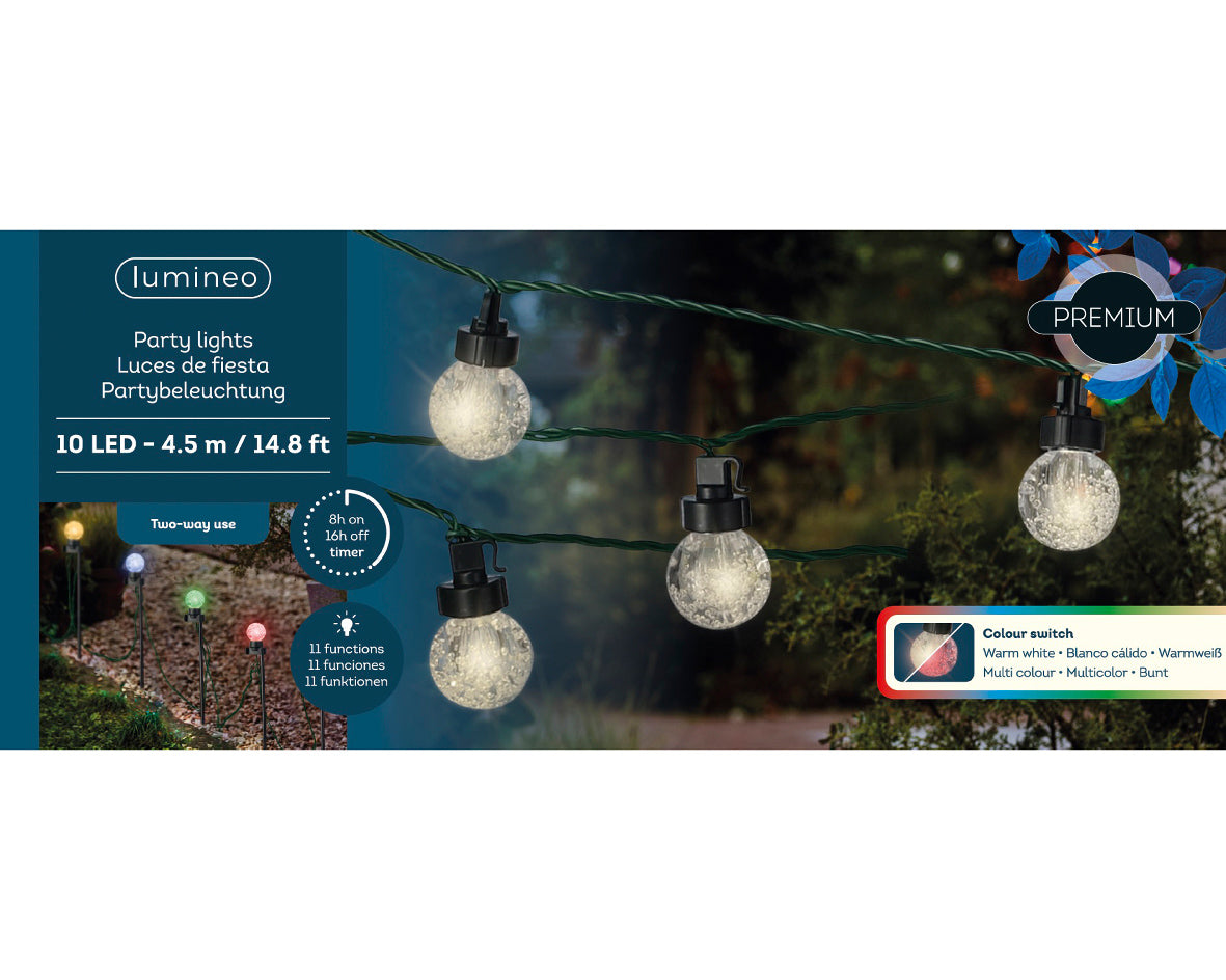 Catena luminosa 10 LED da 4,5 metri con lampadine da 4 cm, 11 giochi di luce multicolore.