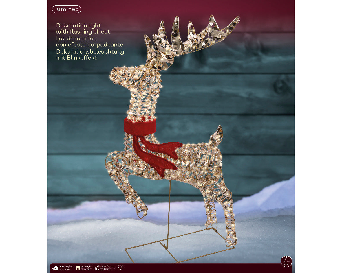 Renna decorativa 720 LED, altezza 100 cm, colore oro e luce bianco caldo.