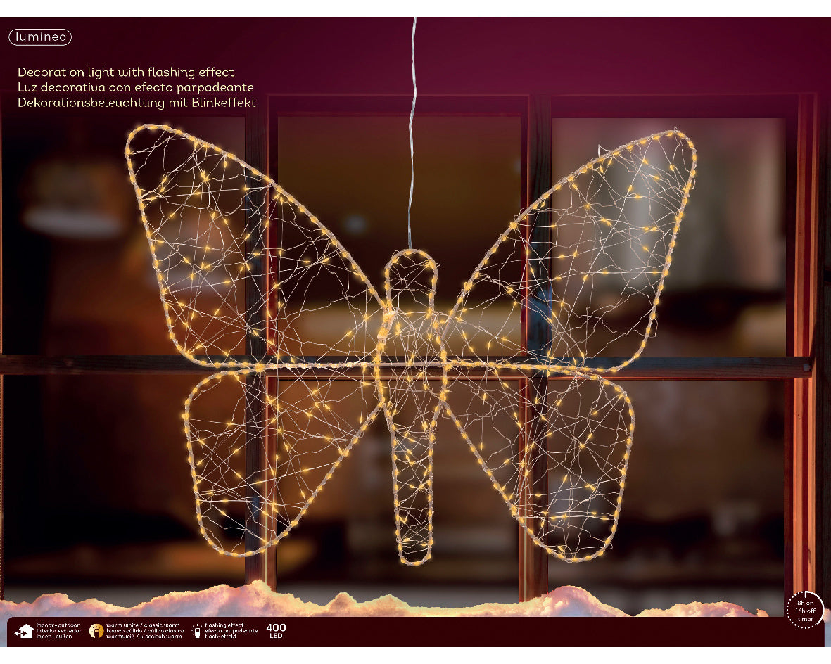 Farfalla decorativa illuminata 400 LED, altezza 43 cm, colore oro e luce bianco caldo.