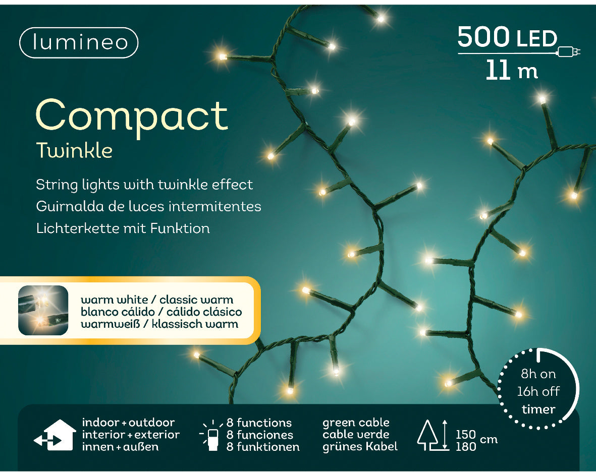 LUCI DI NATALE 500 LED BIANCO CALDO 1100CM 8 GIOCHI DI LUCE
