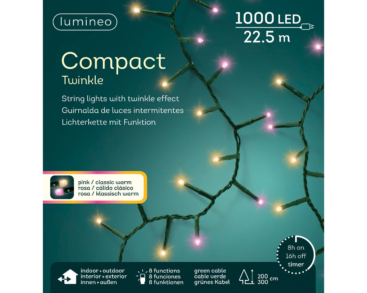 LUCI DI NATALE 1000 LED ROSA/BIANCO CALDO 2250CM 8 GIOCHI DI LUCE