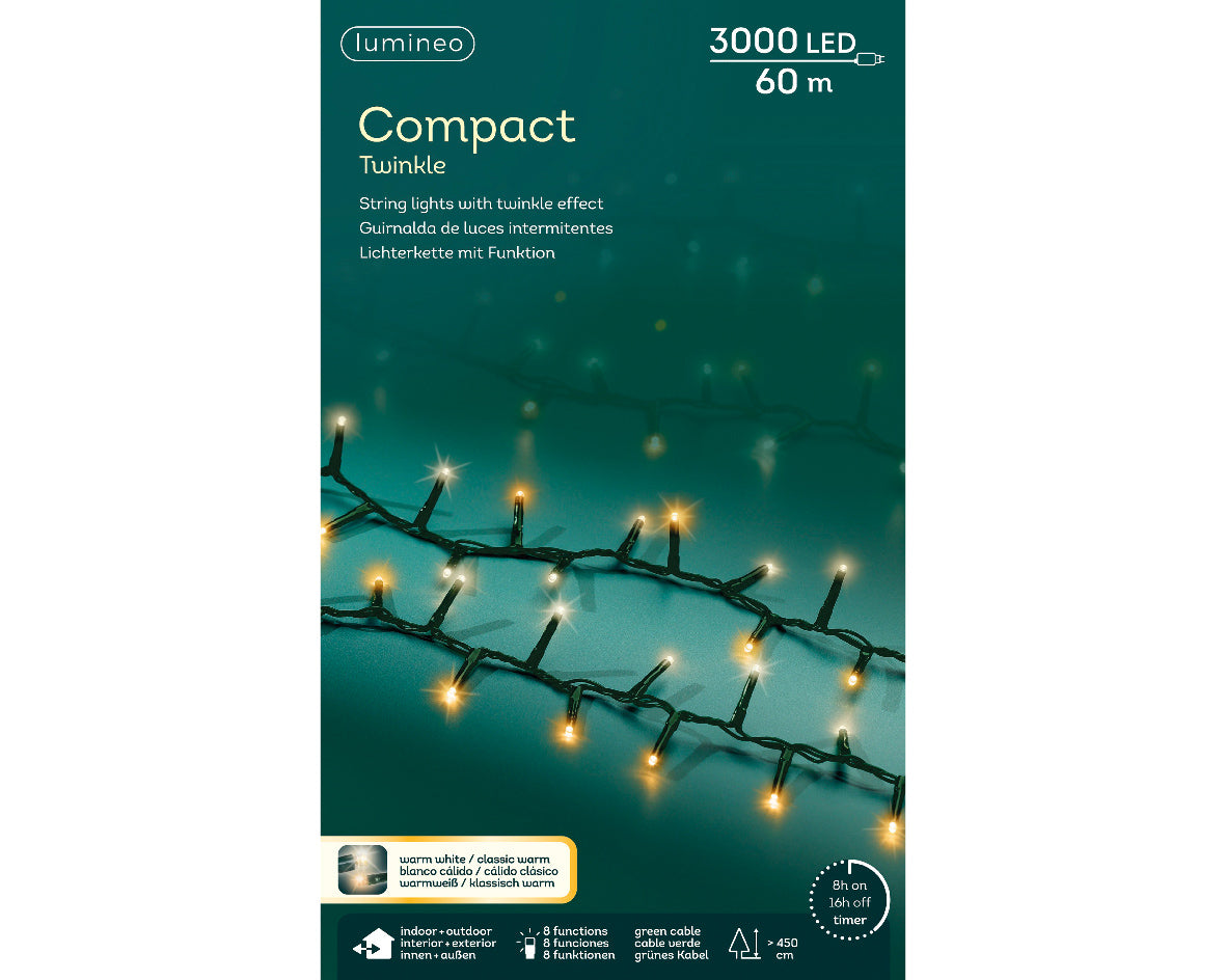 Catena luminosa, 60 metri, 3000 LED con cavo verde e luce bianco caldo.
