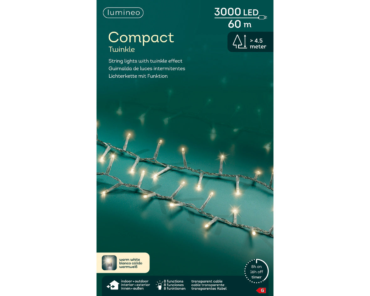 Catena luminosa, 60 metri, 3000LED, 8 giochi di luce e luce bianco caldo.