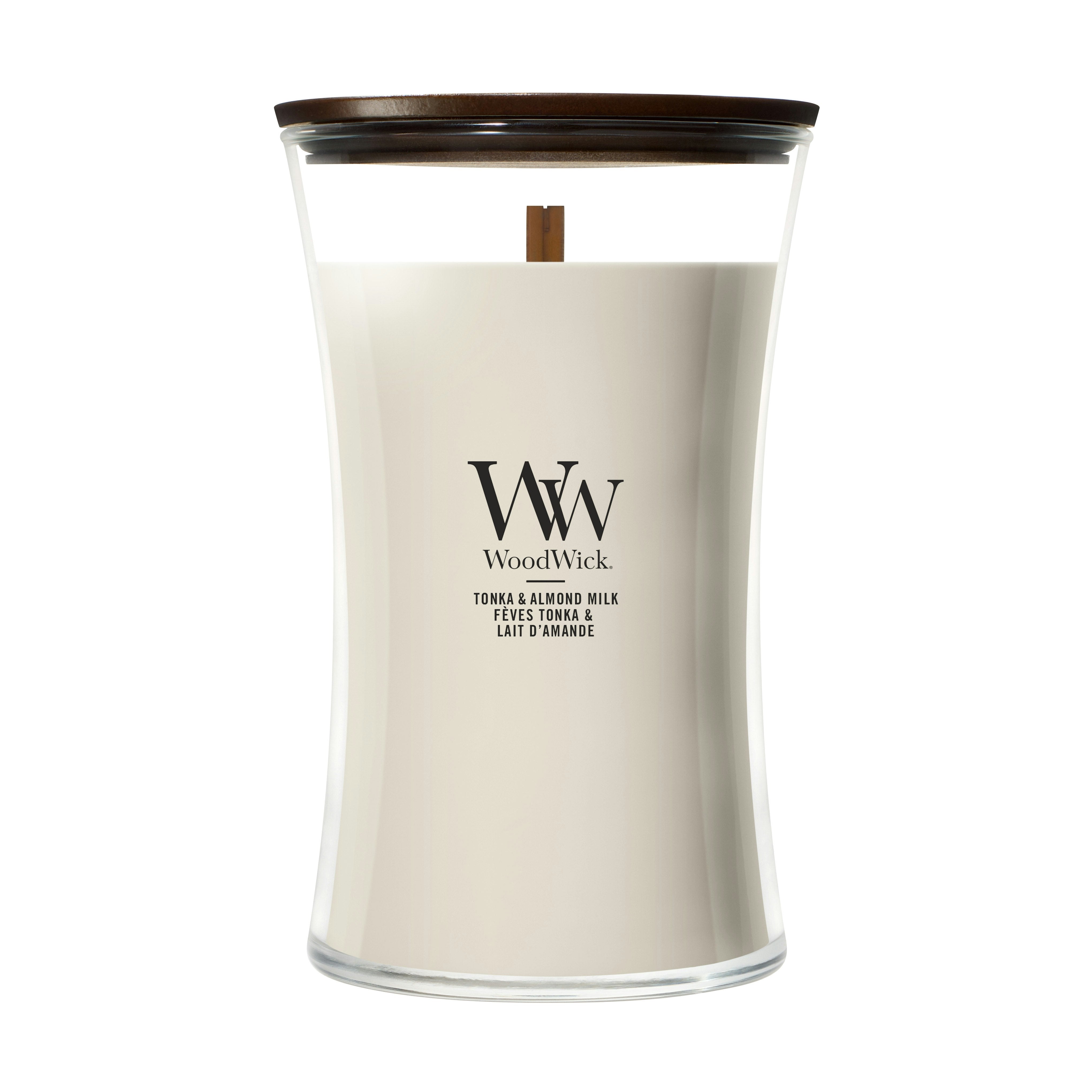 Candela Tonka & Almond Milk clessidra grande 609g Neutri WoodWick