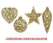 8 DECORAZIONI APPENDIBILI CON GLITTER ORO FORME ASSORTITE