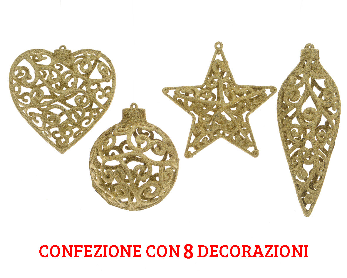 8 DECORAZIONI APPENDIBILI CON GLITTER ORO FORME ASSORTITE