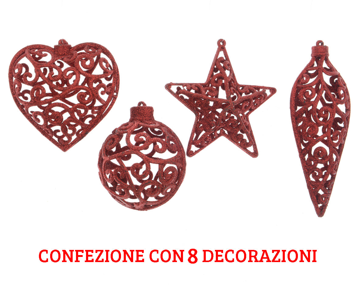 8 DECORAZIONI APPENDIBILI CON GLITTER ROSSI FORME ASSORTITE