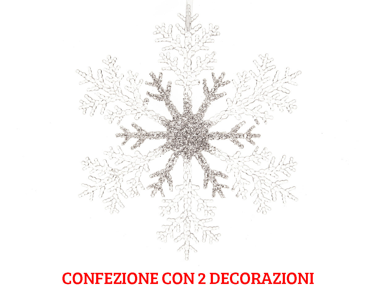2 FIOCCHI DI NEVE 32 CM ARGENTO GLITTERATI CON DECORI