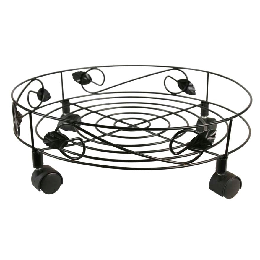 SOTTOVASO CON RUOTE IN ACCIAIO NERO DECORAZIONE FOGLIE 40CM