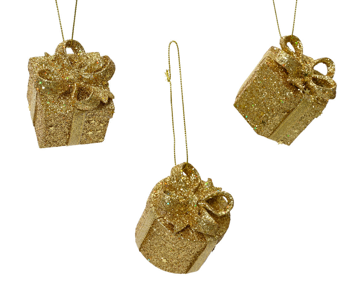 Pacco Regalo Glitter Oro decorazione natalizia appendibile  modello assortito H5.1cm
