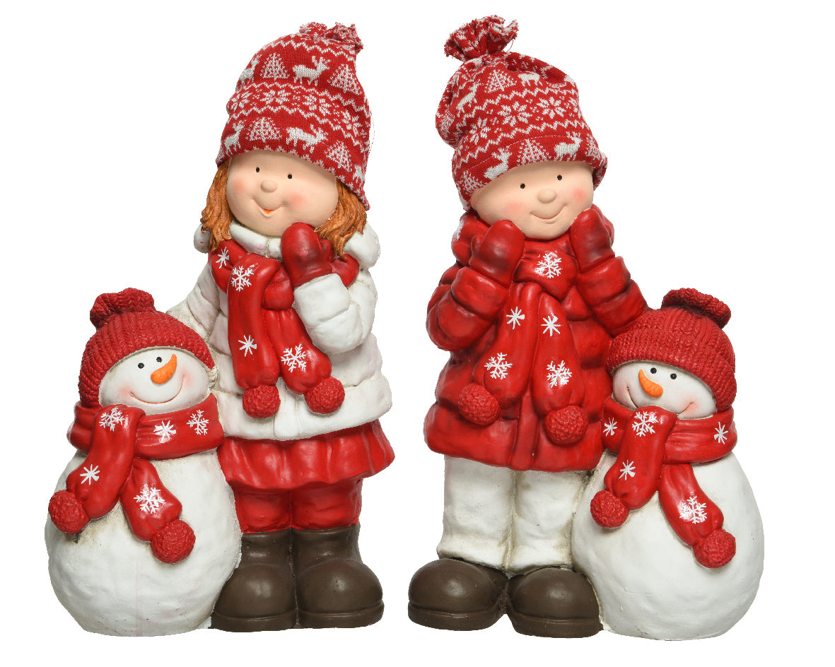 1 STATUINA BAMBINO/BAMBINA CON PUPAZZO DI NEVE 25X40CM MODELLO A SCELTA