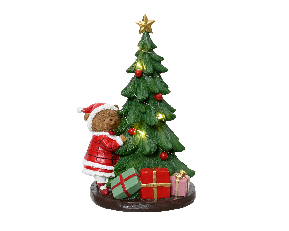 DECORAZIONE NATALIZIA, ALBERO DI NATALE CON ORSETTO E LED, 17.50X14.50X27.50 CM