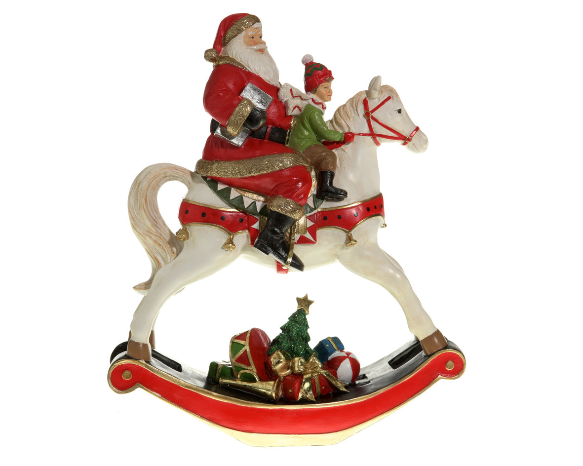 BABBO NATALE CON BAMBINO SU CAVALLO A DONDOLO 29X11X34CM