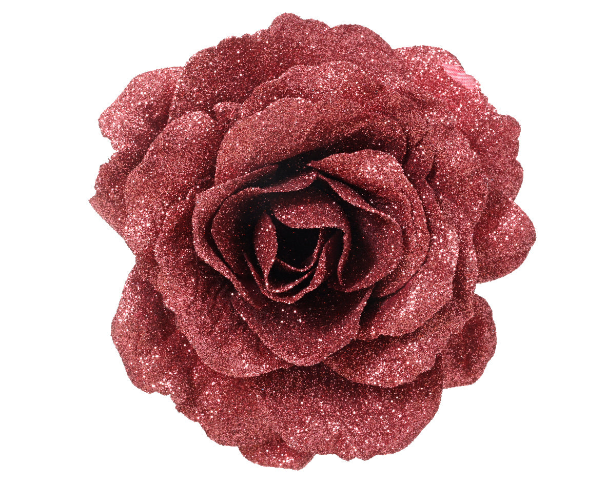 ROSA DECORATIVA CON CLIP GLITTERATA 12CM