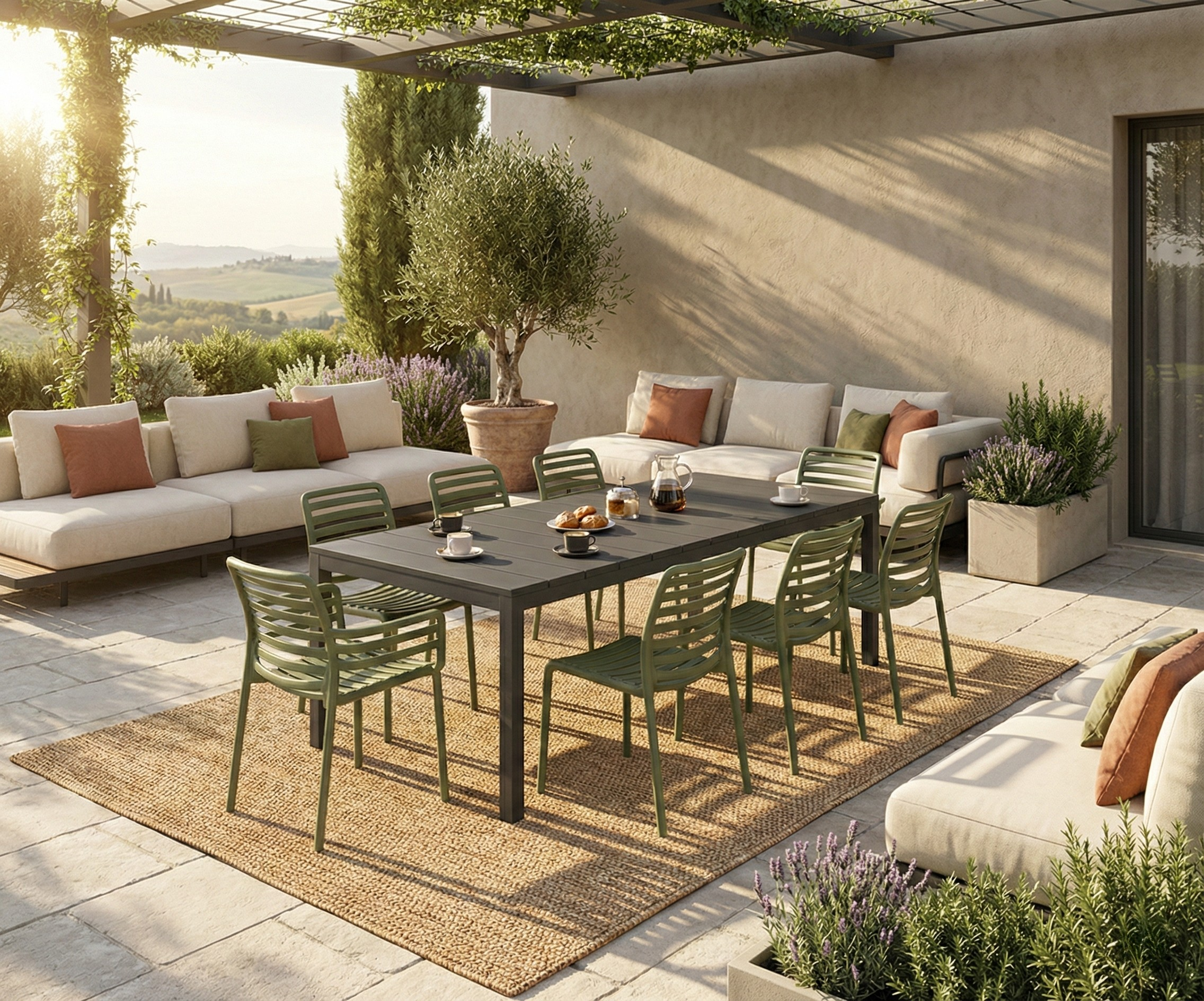 OFFERTA TAVOLO RIO ESTENDIBILE 210/280CM ANTRACITE +6 SEDIE +2 POLTRONE DOGA AGAVE