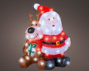 BABBO NATALE CON RENNA IN ACRILICO, CON LED, 34X18X40 CM