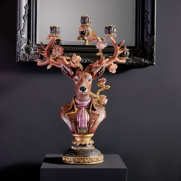Candelabro Busto di Cervo 5 Fiamme 44x24x64cm Multicolore Alexander