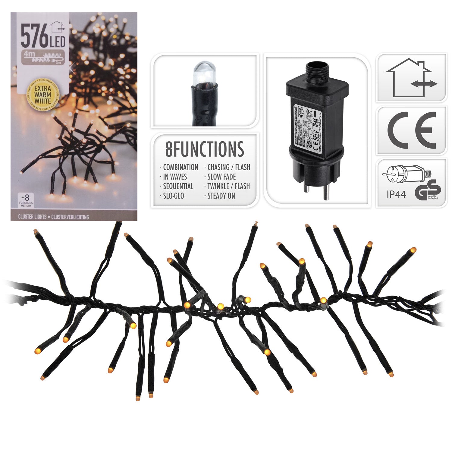 LUCI NATALE GHIRLANDA 576 LED EXTRA BIANCO CALDO CON GIOCHI DI LUCE