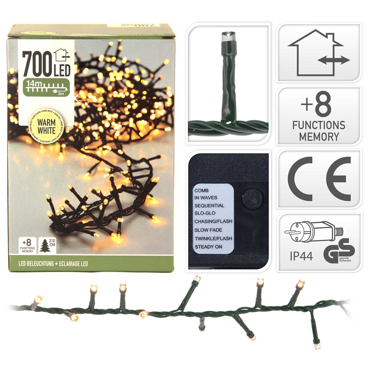 LUCI DI NATALE 700 LED BIANCO CALDO 8 GIOCHI DI LUCE