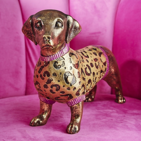 Statua Cane Bodo porta Leo 40x11x23.5 cm Oro Leopardato con Dettagli Rosa Jungle Love