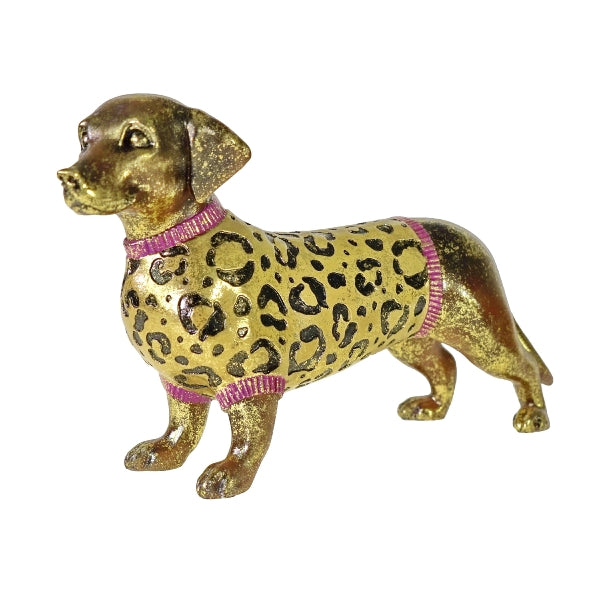 Statua Cane Bodo porta Leo 40x11x23.5 cm Oro Leopardato con Dettagli Rosa Jungle Love