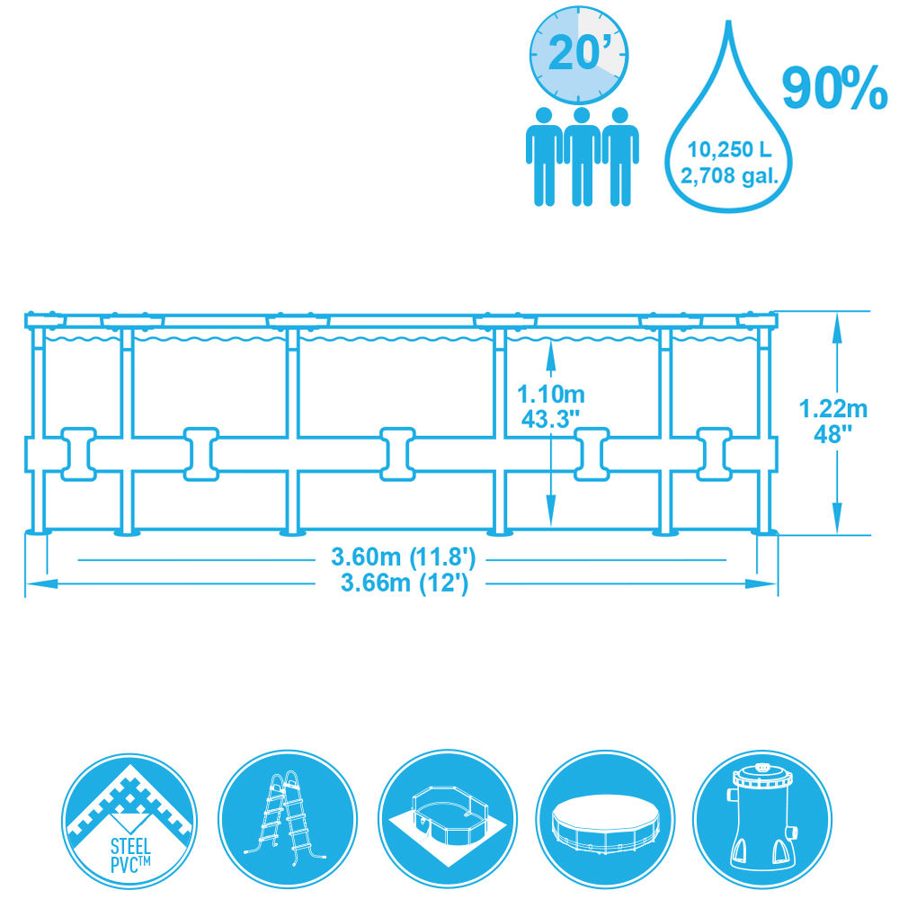 PISCINA STEEL PRO FRAME ROTONDA 366X122CM CON POMPA E ACCESSORI