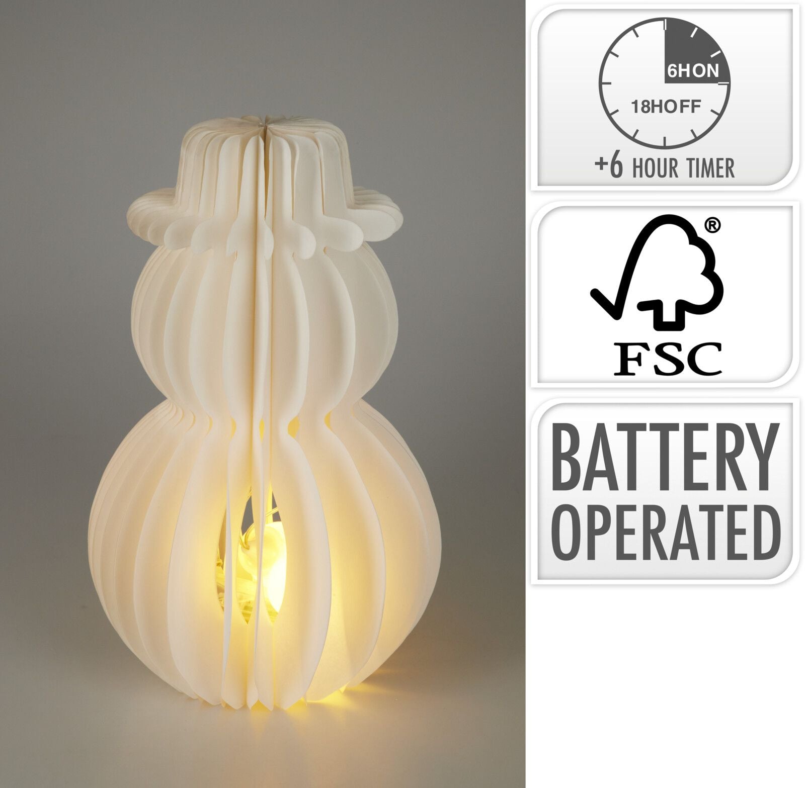 Pupazzo di neve decorativo in carta con LED, altezza 39 cm, colore bianco
