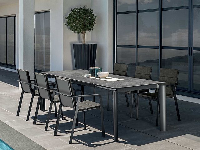 OFFERTA TAVOLO MILO ALL. 160/215 CM EFFETTO MARMO+4 POLTRONE GRAFITE