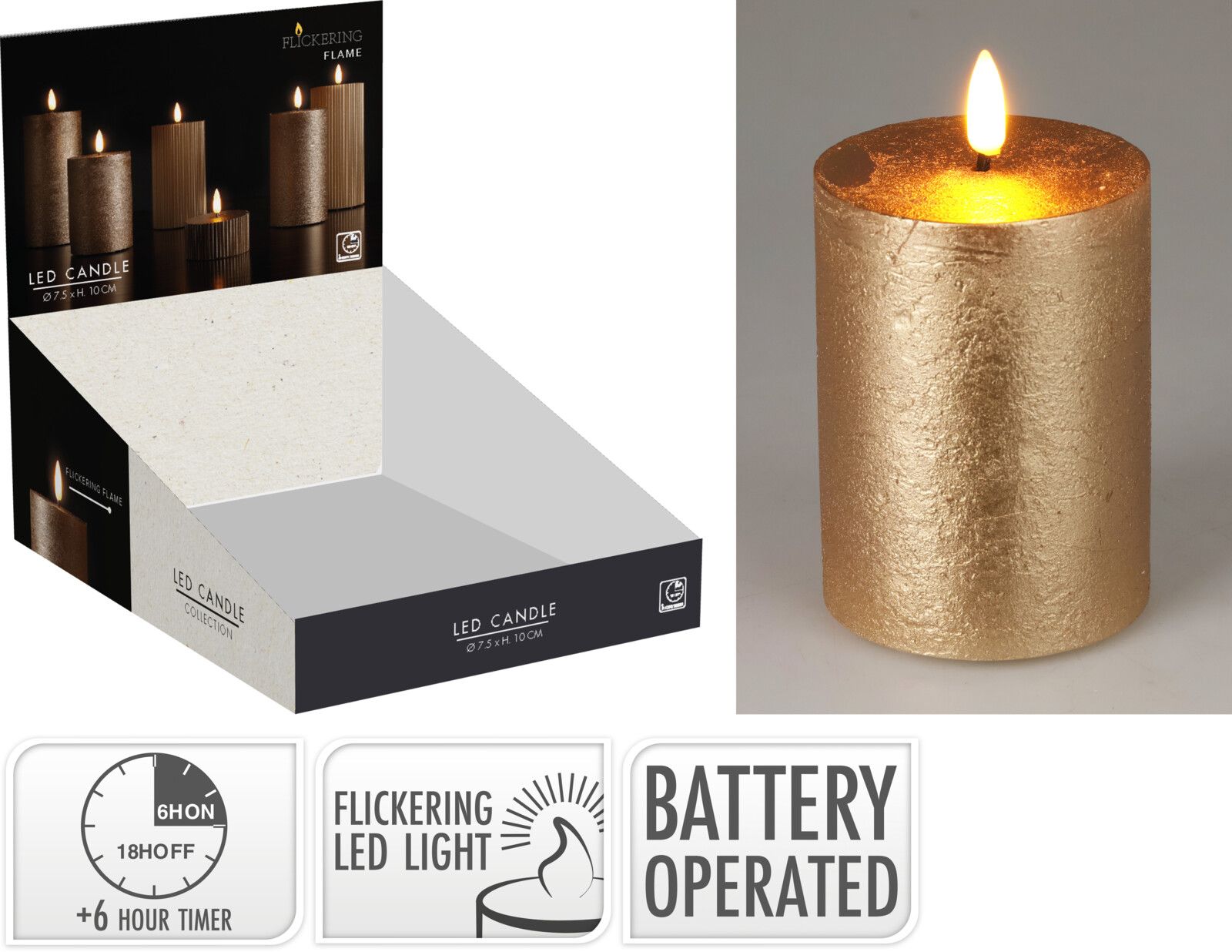 Candela decorativa a LED, 75x100 mm, colore oro, con timer