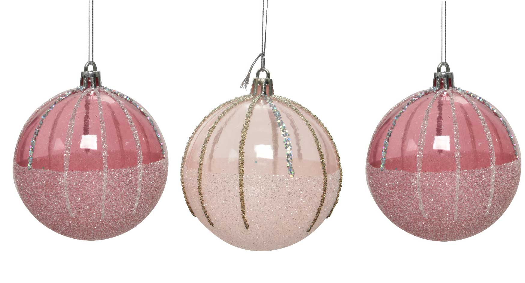 OFFERTA 3 PALLINE CON PERLE E GLITTER ROSA ASSORTITE 8CM