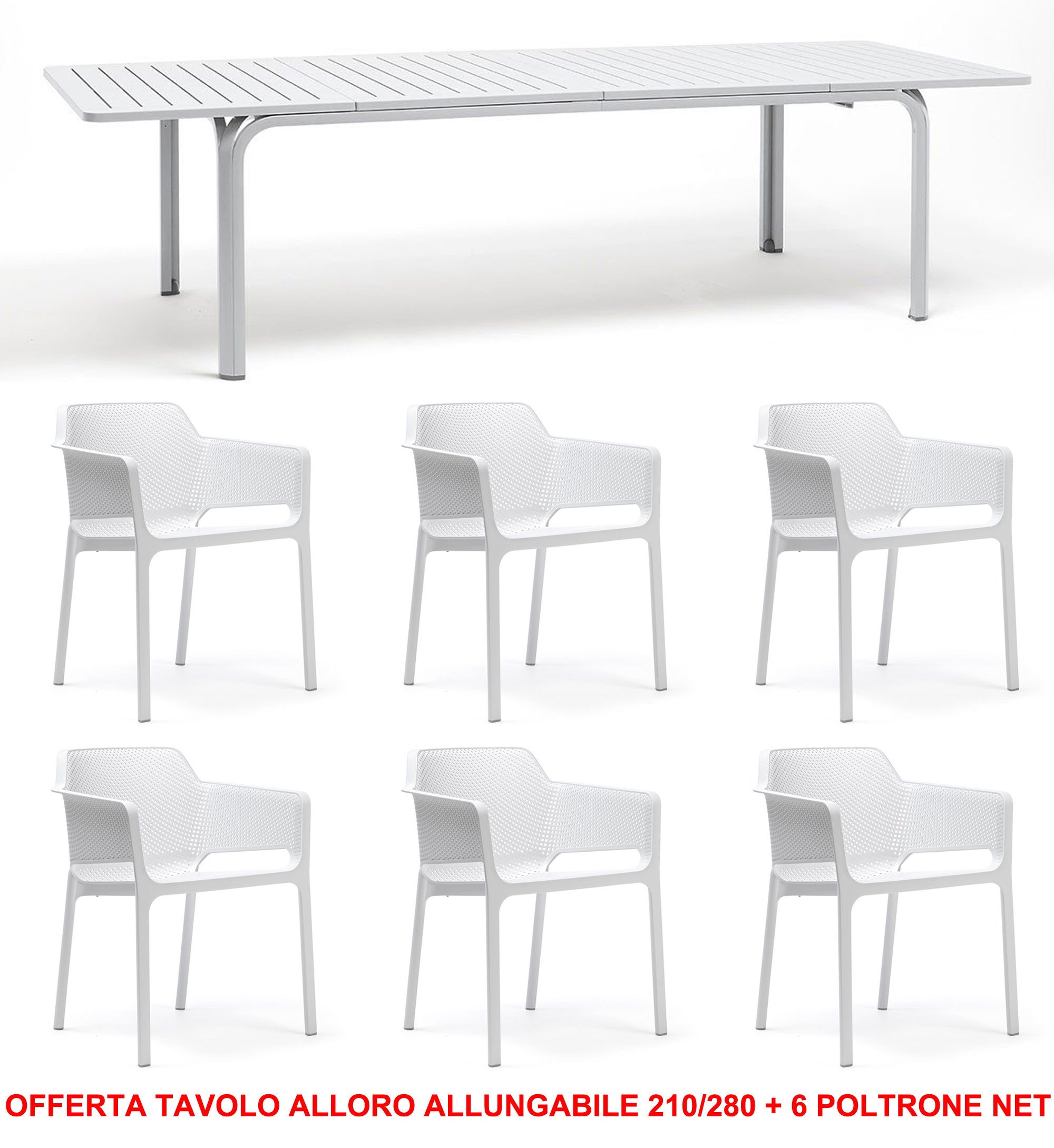 OFFERTA TAVOLO ALLORO ALLUNGABILE 210/280 + 6 POLTRONE NET COLORE A SCELTA