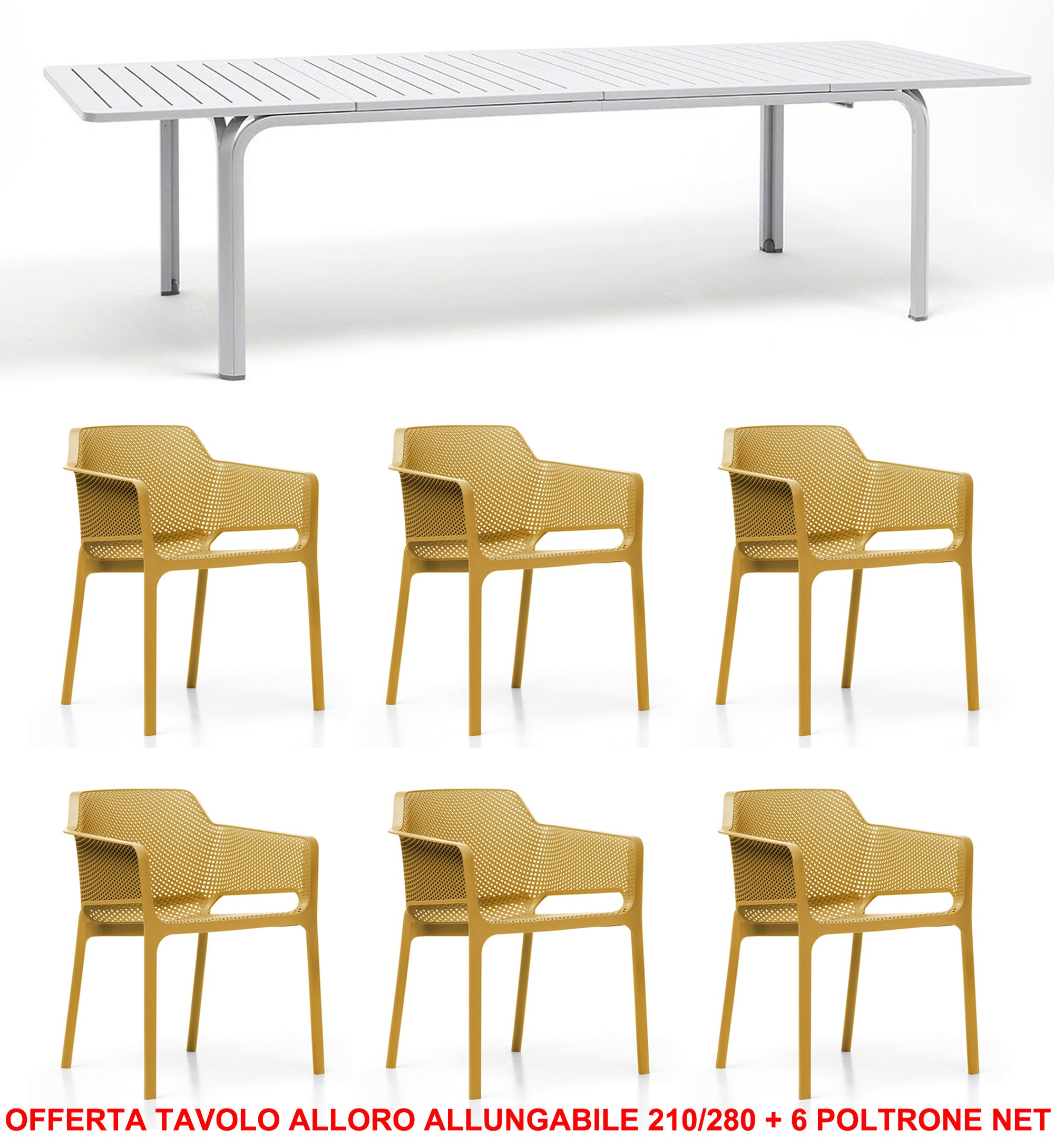 OFFERTA TAVOLO ALLORO ALLUNGABILE 210/280 + 6 POLTRONE NET COLORE A SCELTA