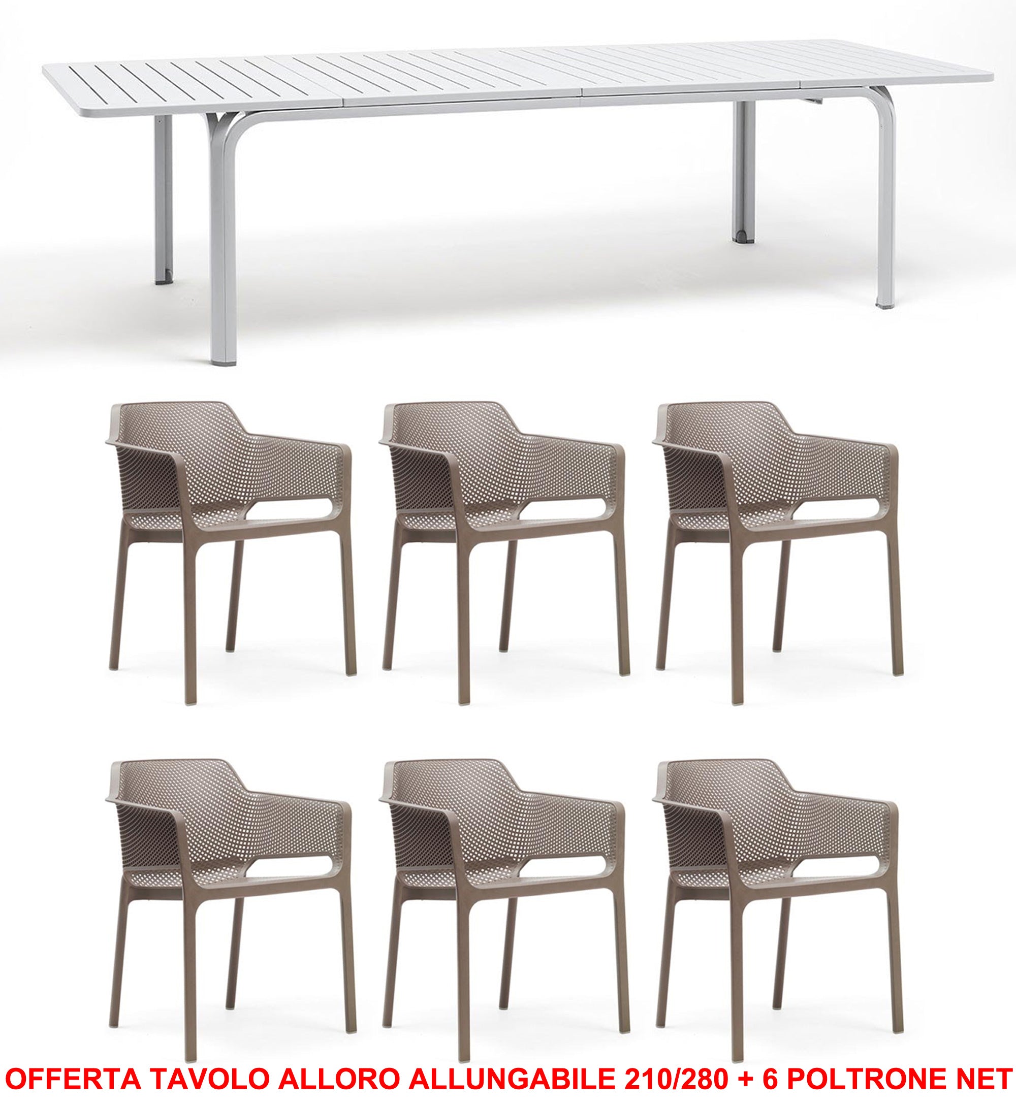OFFERTA TAVOLO ALLORO ALLUNGABILE 210/280 + 6 POLTRONE NET COLORE A SCELTA