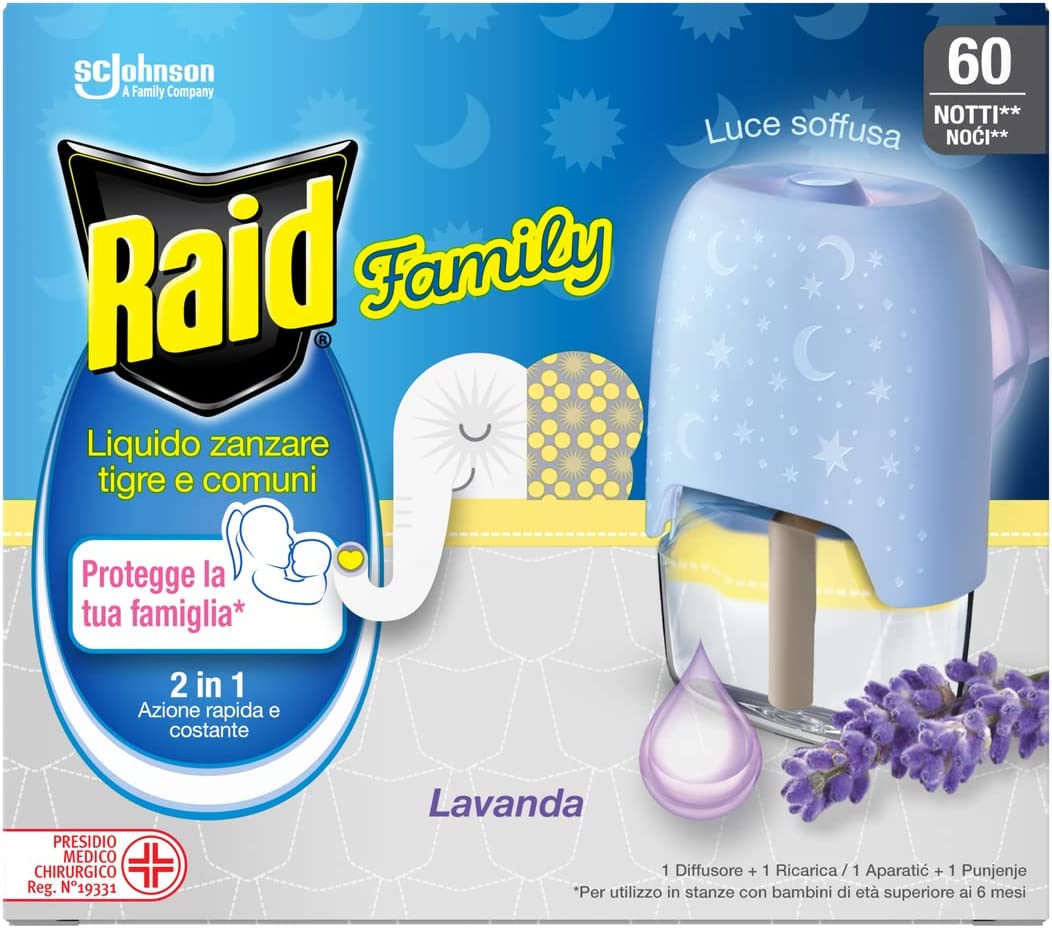 RAID LIQUIDO ELETTRODIFFUSORE FAMILY BASE + RICARICA 60 NOTTI PER ZANZARE E ZANZARE TIGRI LAVANDA