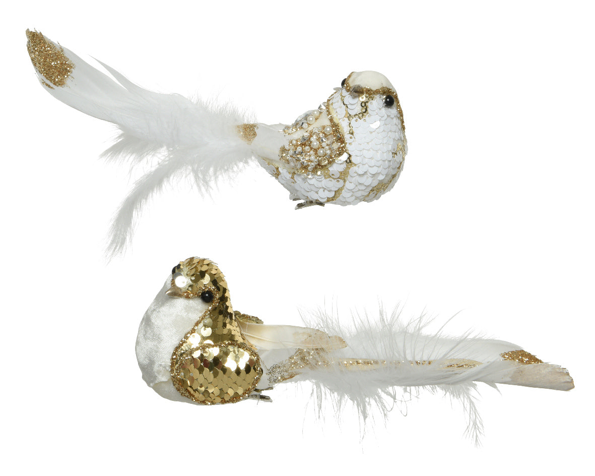 UCCELLO CON CLIP E GLITTER BIANCO/ORO H21CM APPENDIBILE MODELLO ASSORTITO
