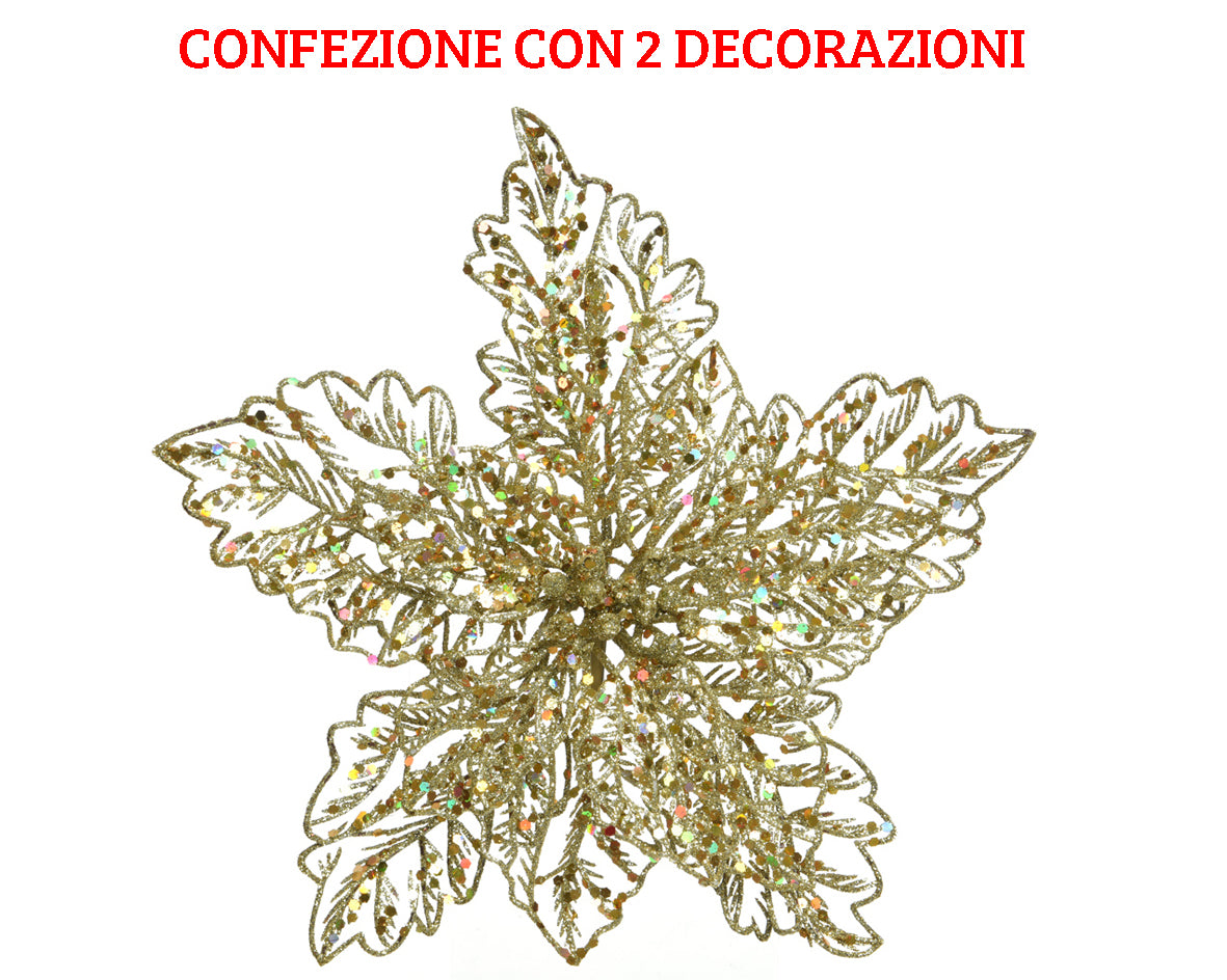 2 POINSETTIA APPENDIBILI CON CLIPS 23.5X10 CM CON GLITTER ORO