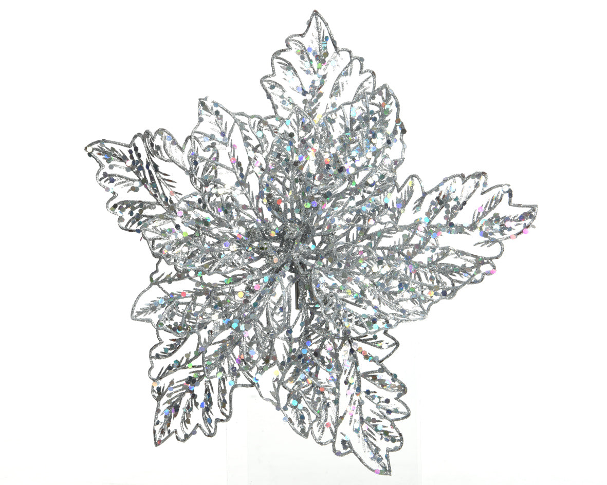 POINSETTIA APPENDIBILE CON CLIP E GLITTER 23,5CM ARGENTO