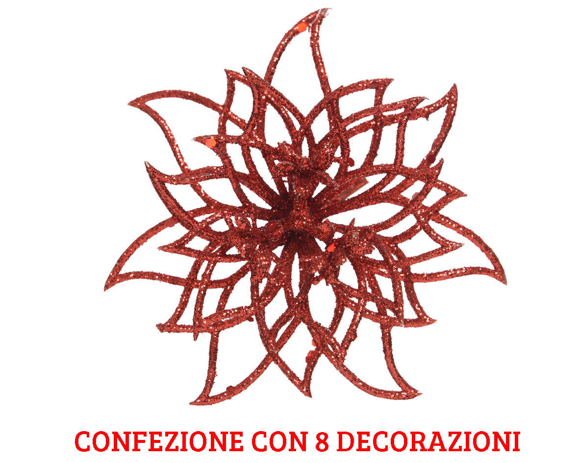8 FIORI CON CLIPS 14X5 CM ROSSI GLITTER