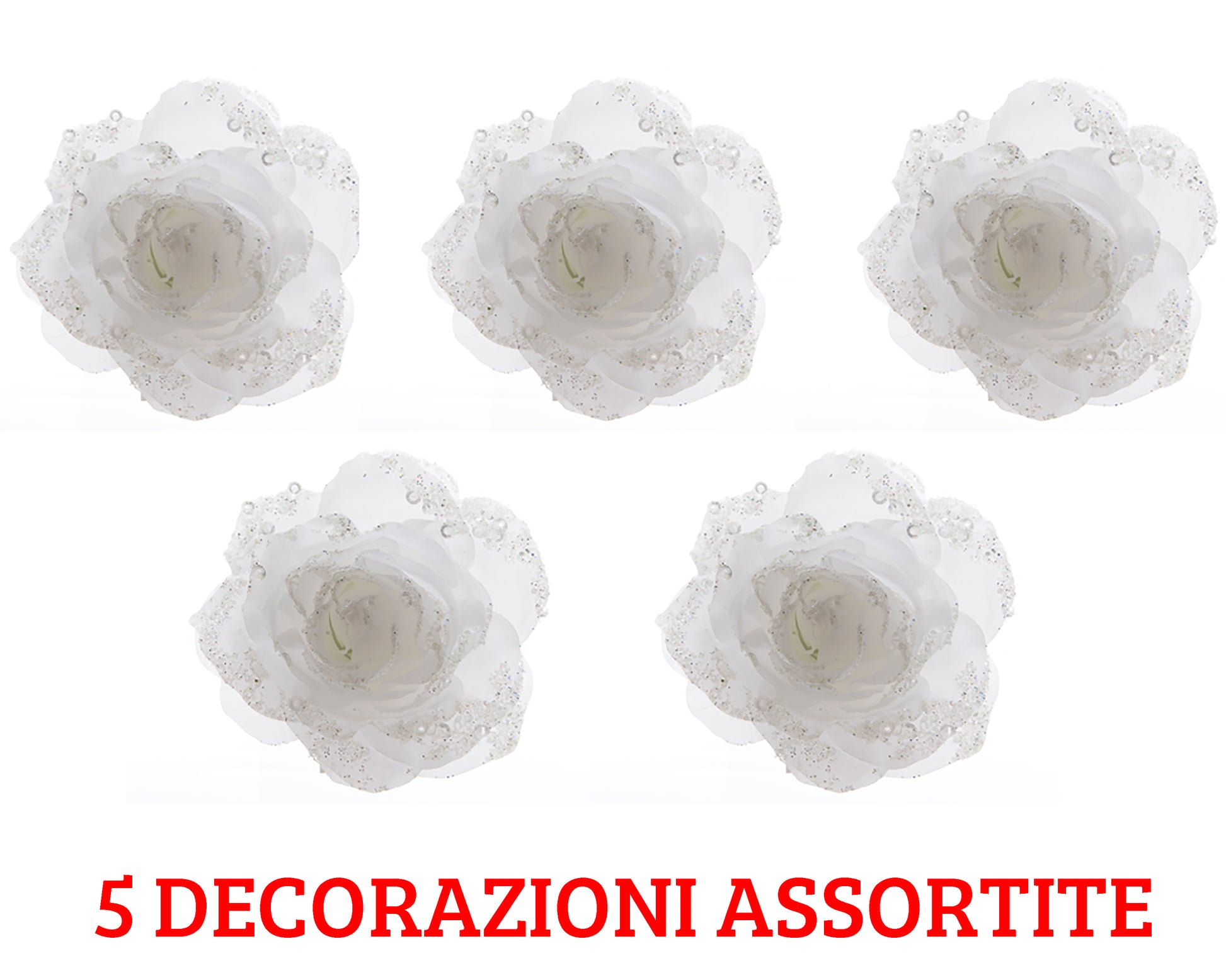 5 ROSE APPENDIBILI CON CLIPS 14CM CON GLITTER BIANCO INVERNO