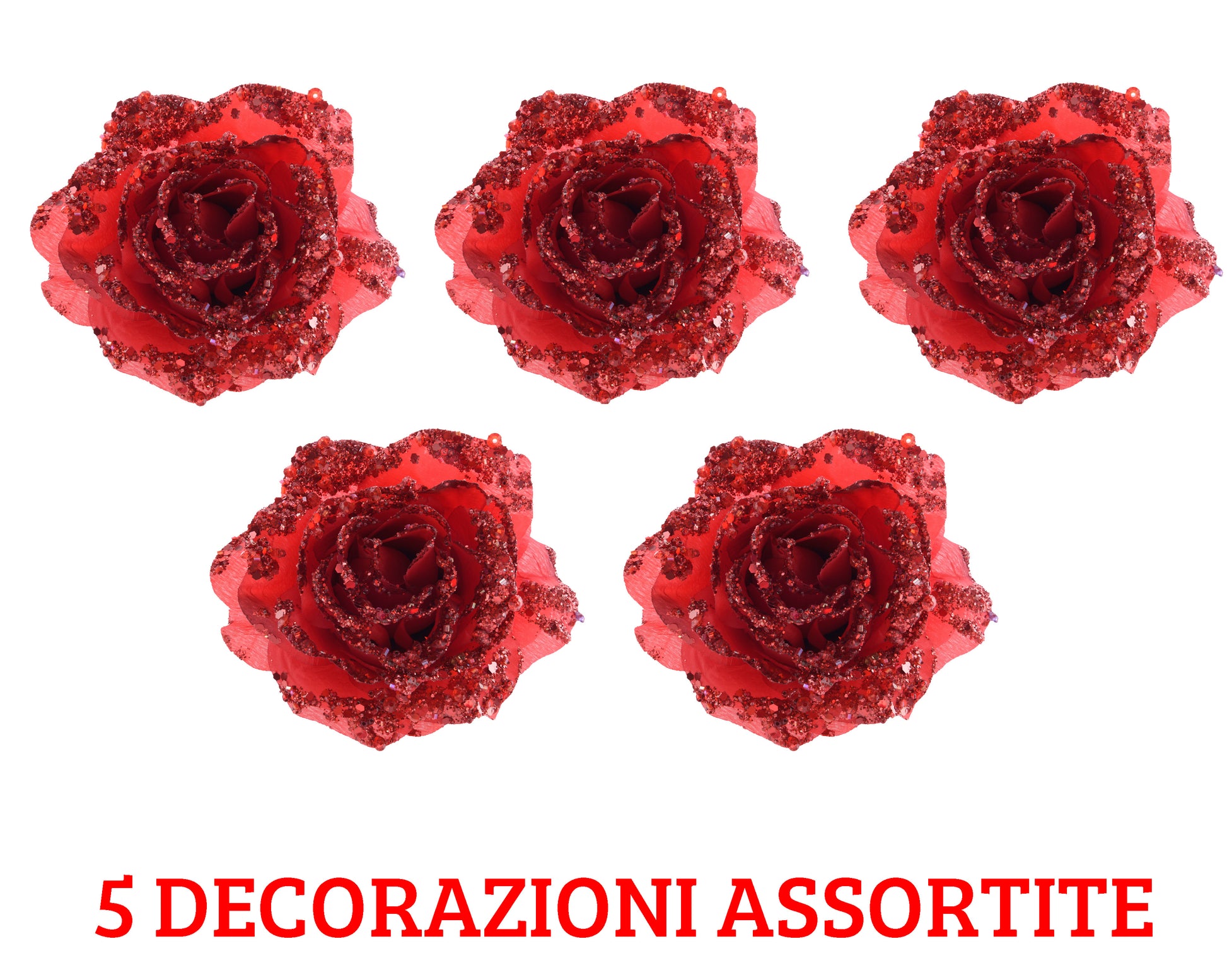 5 ROSE APPENDIBILI CON CLIPS 14 CM CON GLITTER ROSSO NATALE