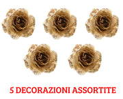 5 ROSE APPENDIBILI CON CLIPS 14 CM CON GLITTER ORO CHIARO