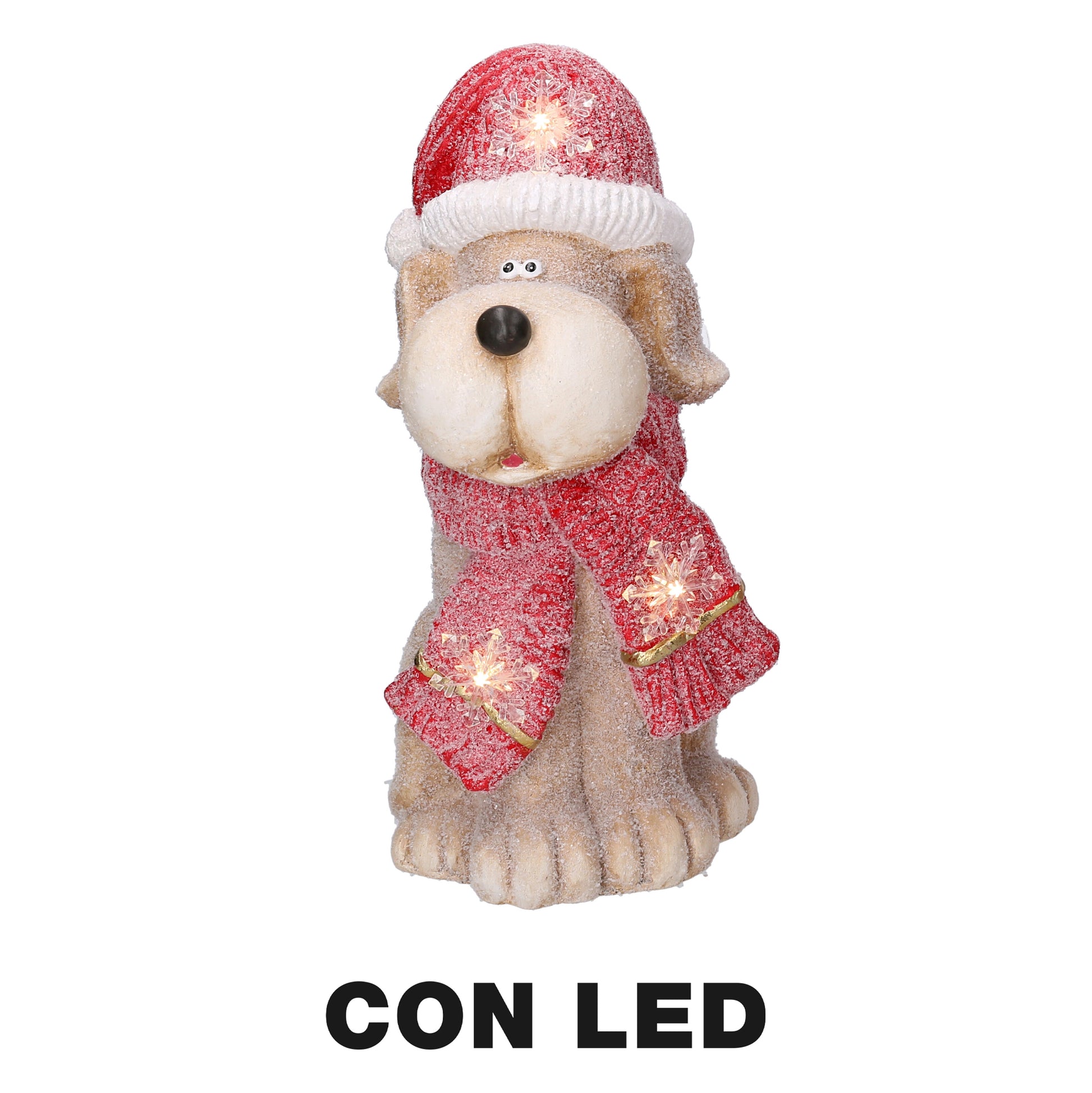 CANE IN RESINA CON CAPPELLO ROSSO E LUCI LED 22X19,5 H40CM