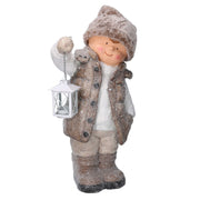 STATUINA BAMBINO IN RESINA CON LANTERNA BEIGE PORTA T-LIGHT 30X21H51CM