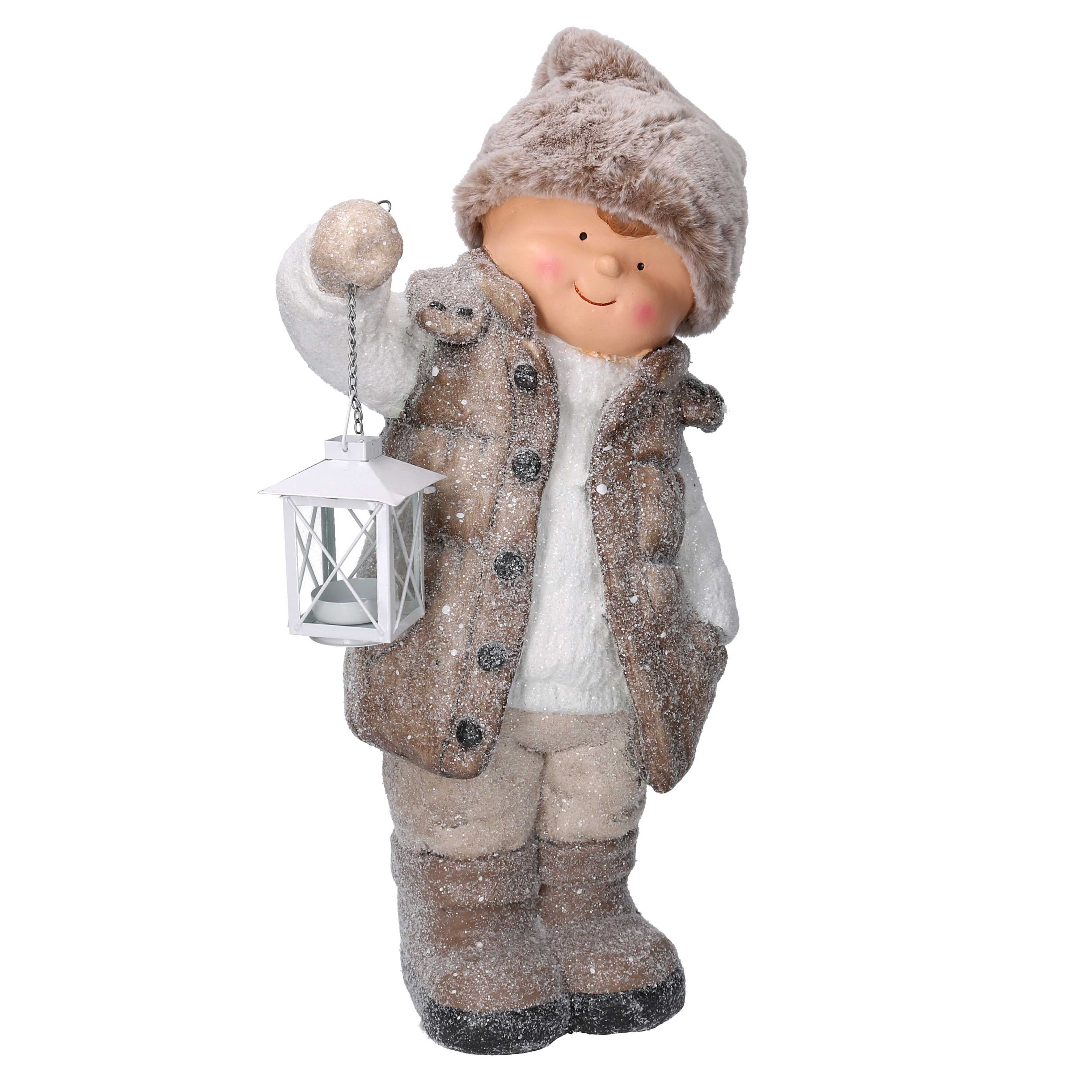 STATUINA BAMBINO IN RESINA CON LANTERNA BEIGE PORTA T-LIGHT 30X21H51CM