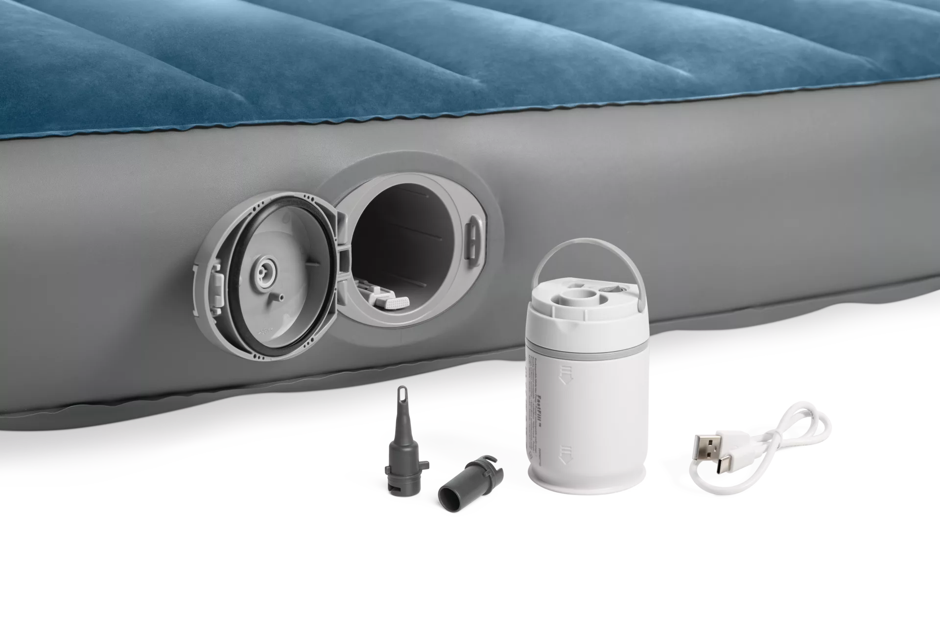 Materasso gonfiabile matrimoniale Dura-Beam Prestige Downy con pompa a batteria ricaricabile 152x203x25 cm Azzurro Grigio INTEX
