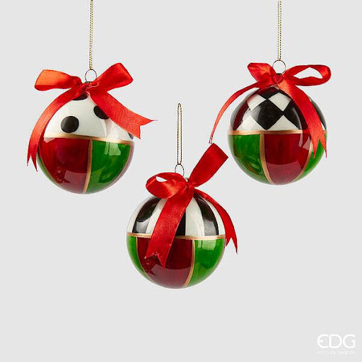 PALLINA DI NATALE DECORATA A SCACCHI, Ø8CM, VERDE E ROSSO