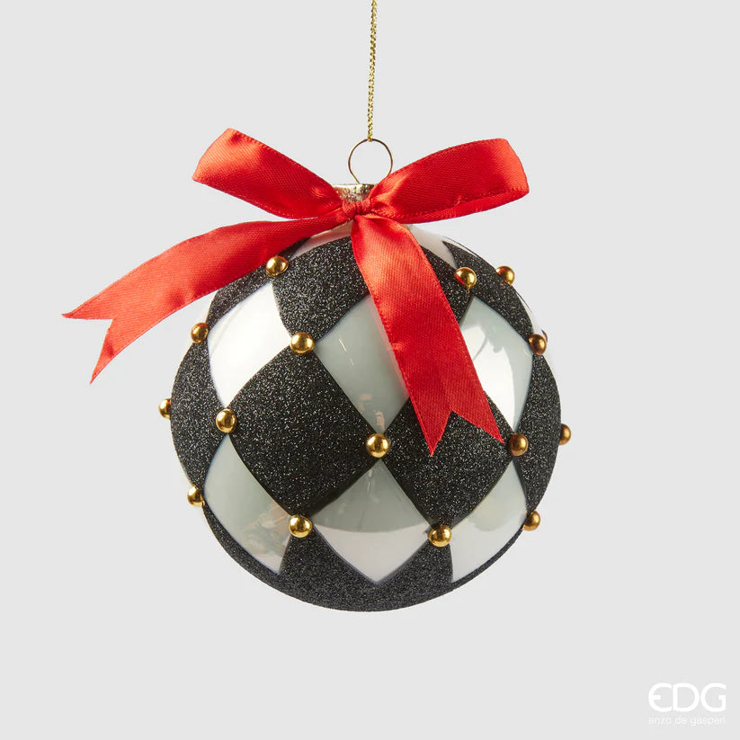 PALLINA DI NATALE DECORATA A SCACCHI, Ø10CM, BIANCO E NERO