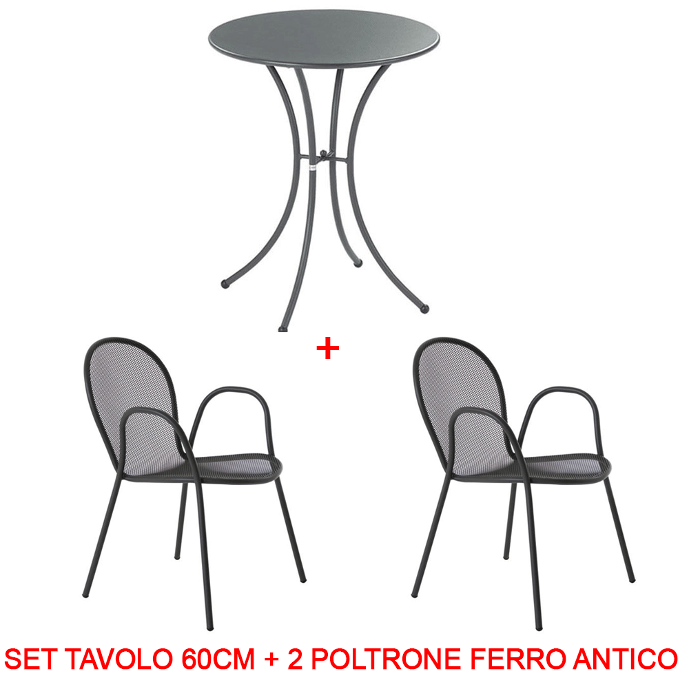 SET TAVOLO PIGALLE TONDO Ø60CM + 2 POLTRONA RONDA FERRO ANTICO