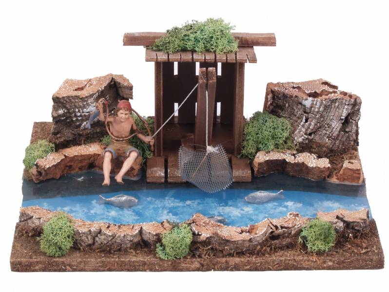 TRATTO DI FIUME CON CAPANNA DEL PESCATORE 26X18X11CM