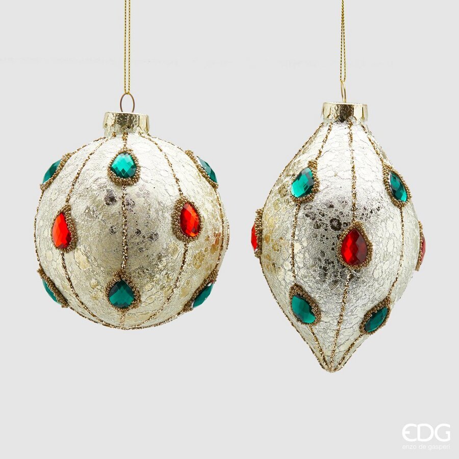 PALLINA IN VETRO CON GEMME COLORATE VERDI E ROSSE 10CM ASSORTITA